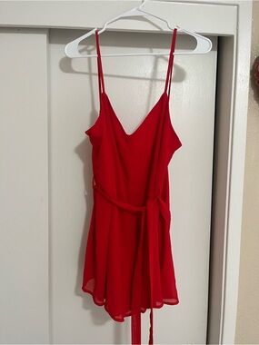 Red Spaghetti‑Strap Mini Dress with Waist Tie